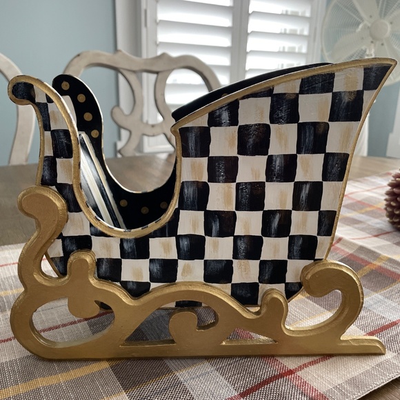 Mackenzie Childs Pattern Hand Painted Sleigh Black, White & Gold - Picture 3 of 7
